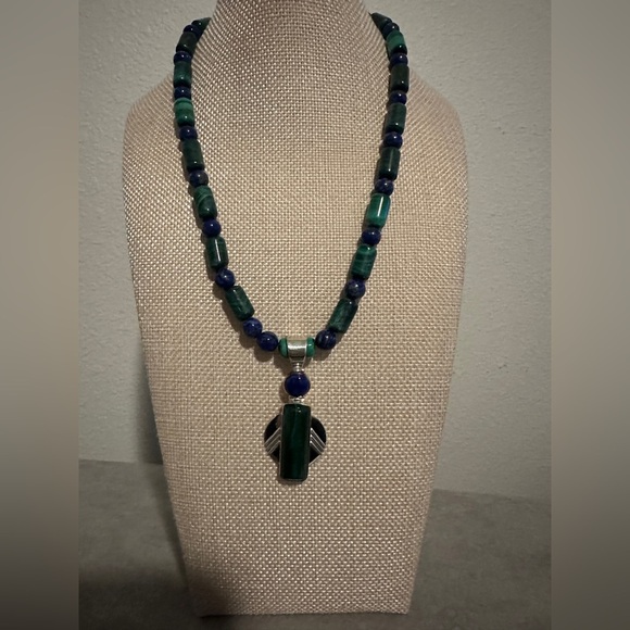 Lapis & Malachite bead necklace with pendant by Jay King - Picture 1 of 11